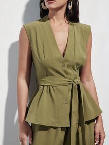 Aveloria Modichic Olive Green V-Neck Sleeveless Ruched Waist Suit Jacket With Adjustable Belt And Loose Straight Leg Pants, Women's Suit Set, Elegant Office & Casual Versatile Two Pieces Outfit - Mustard Yellow - View 2