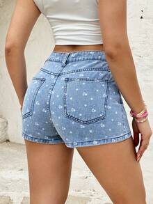Rivivi Fashionable Casual Printed Washed Denim Shorts - Light Wash - View 2