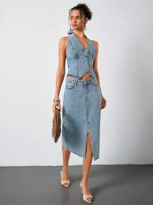 SHEIN Top & Skirt 2 Pieces Denim Set - Medium Wash - View 5