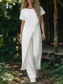 EMERY ROSE Women's Summer Casual Fashionable Asymmetrical Sleeve Wrap Split Maxi Top - White - View 6