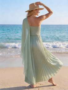 Elenzga 女士春夏优雅雪纺露肩连衣裙，饰有花卉图案，收腰设计，飘逸长款连衣裙，适合外出、新年、情人节、复活节、母亲节、中东婚礼、职场、浪漫假期等场合，浅绿色 - 綠色 - 查看 2