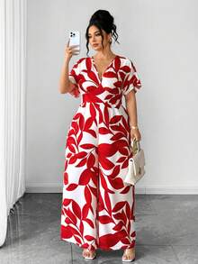 Elenzga Mono de flores rojas con cuello en V, elegante y casual, de estilo retro francés para vacaciones, primavera/verano - Rojo - Ver 8