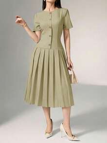 Heiryn Elegant Commuter Asymmetric Pleated Dress For Women - Green - View 4