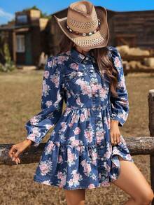 EMERY ROSE Women's Floral Print Single-Breasted Ruffle Casual Denim Dress - Light Wash - View 4