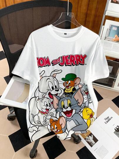 TOM & JERRY X SHEIN 男士休闲街头通勤趣味可爱卡通字母印花短袖T恤，夏季