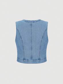 SHEIN MOD 大码女式单排扣马甲和百褶中长裙休闲牛仔套装，适合冬季穿着，圣诞节、新年、感恩节、派对等场合，优雅时尚。浅色水洗百褶牛仔中长裙，高腰A字型牛仔裙，日常穿着。 - 中等水洗藍 - 查看 7