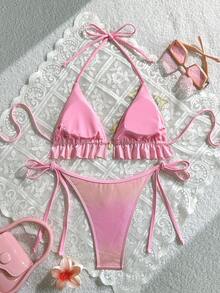 Swim Mod 女士花卉亮片荷叶边挂脖比基尼套装，夏季海滩度假 - 粉色 - 查看 2