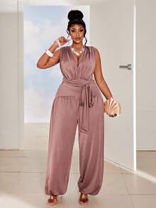 Maweii Plus Size Backless Tie-Up Jumpsuit, Vacation & Party Style - Brown - View 1