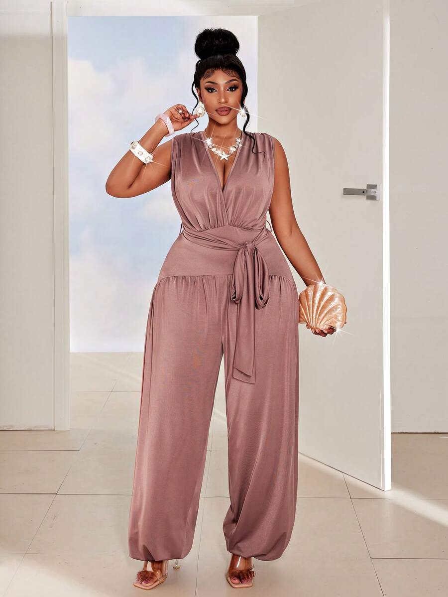 Maweii Plus Size Backless Tie-Up Jumpsuit, Vacation & Party Style - Brown - View 1