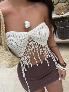 Aloruh Apricot Pearl Tassel Asymmetrical Tube Top Knit Blouse, Vacation - Apricot - View 2