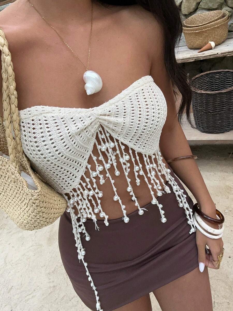 Aloruh Apricot Pearl Tassel Asymmetrical Tube Top Knit Blouse, Vacation