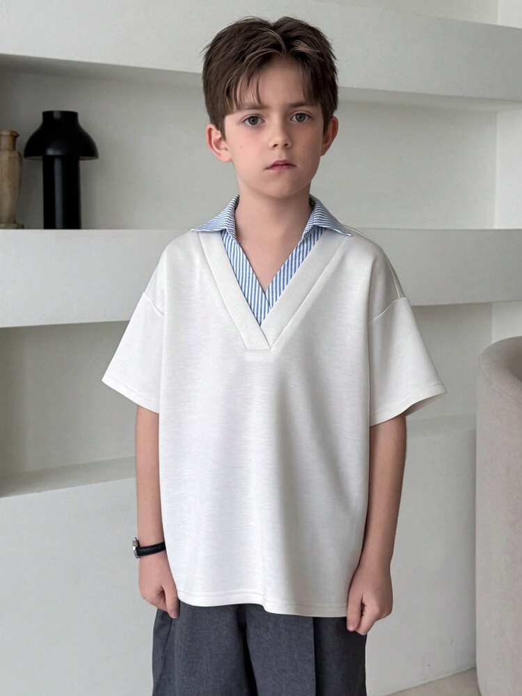 Tween Boy Striped Patchwork Polo Collar Casual Short Sleeve T-Shirt Summer