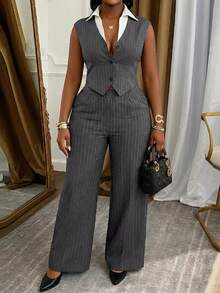 Xyvia 女士灰色条纹白色拼接V领无袖短款上衣，优雅专业正式装扮，适合工作、会议、旅行、度假、休闲穿着 - 灰色 - 查看 1