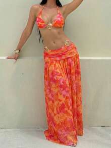 Bonvoyette 3pcs/Set Spring Break Random Print Colorful Triangle Halter Sexy Elegant Vacation Bikini Set With Irregular Metal Ring And Long Mesh Beach Dress, Women Swimwear - Multicolor - View 1