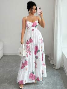 Selianne 女士春夏印花V领吊带腰带A字连衣裙 - 白色 - 查看 3