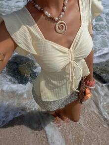 SHEIN Glamour Women's Simple Daily & Vacation Striped Jacquard Knit Flutter Sleeve T-Shirt With Front Drawstring Bowknot, Suitable For Daily Wear And Vacation Ribbed Ruffle Sleeve Top, Beach Vacation - Light Yellow - View 1