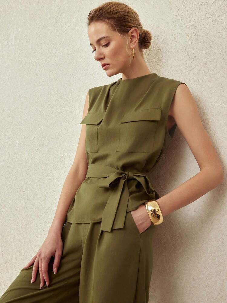 LINEN CARGO POCKET SLEEVELESS MOCK NECK TOP, VINTAGE STYLE, SPRING/SUMMER