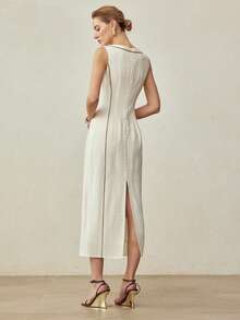 MOTF PREMIUM SLEEVELESS CONTRAST TRIM LINEN MIDI DRESS, CLASSIC ELEGANT FOR COMMUTING, SPRING/SUMMER - White - View 4