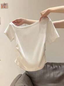 Resyla Camiseta de mujer con estampado de estilo oriental de sakura y paisaje, con cintura fruncida y manga corta descubierta de los hombros - Blanco - Ver 6