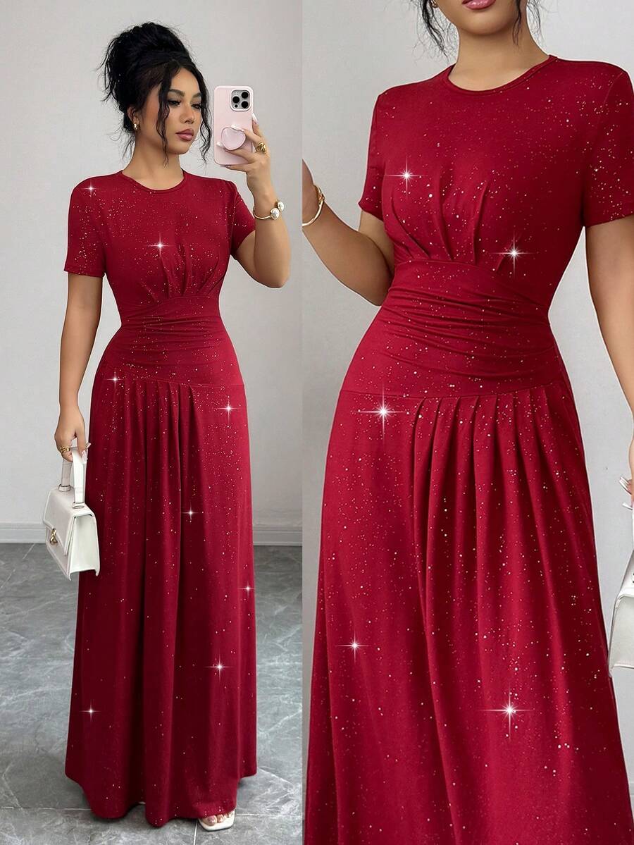 Elenzga Elegant Ruched Asymmetric Design Waist Cinched Short Sleeve Dress, Shiny Powder Fabric, Casual Daily Wear, Party, Gathering, Fashion Red Party Dress - Red - View 1