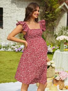 SHEIN Maternity Vacation Ditsy Floral Tie Back Cap Sleeve Casual Dress - Burgundy - View 7