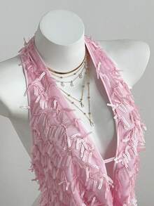 Elamini Sexy Crop Top With Plunging V-Neck And Backless Design, Paired With Bodycon Mini Skirt, Suitable For Spring/Summer - Pink - View 3