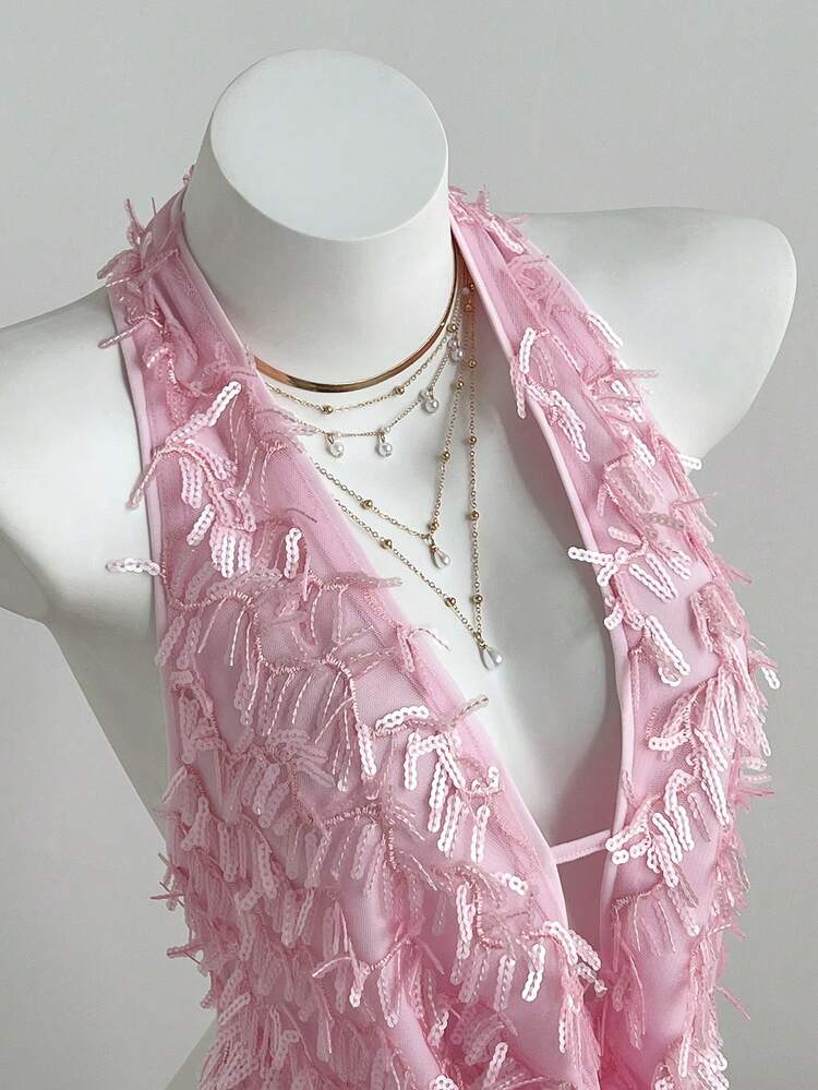 Elamini Sexy Crop Top With Plunging V-Neck And Backless Design, Paired With Bodycon Mini Skirt, Suitable For Spring/Summer - Pink - View 3