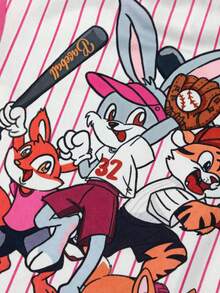 SHEIN 女童休闲舒适宽松卡通印花圆领T恤和裤子套装 - 玫紅色 - 查看 9