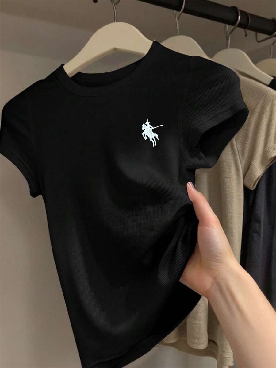 INAWLY 休闲时尚百搭简约圆领短袖女式T恤 - 黑色 - 查看 1