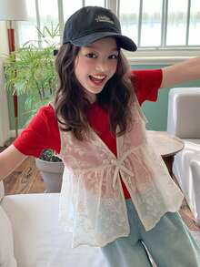 Dazy Kids Tween Girls' Summer Casual Solid Color Floral Embroidery Sleeveless Blouse - Apricot - View 7