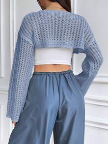 SHEIN Unity 女士镂空落肩长袖性感宽松短款毛衣 - 藏蓝色 - 查看 2