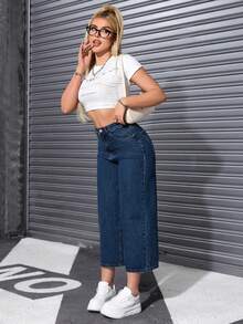 Rivivi Quần jeans nữ cạp cao, ống rộng, dáng suông, thoải mái - Rửa tối - Xem 3