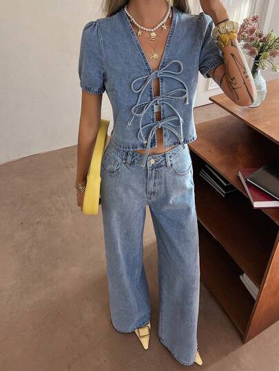 DAZY Bộ đồ denim dáng rộng, màu xanh nhạt, kiểu dáng nghỉ dưỡng, kèm nơ thắt cổ cho nữ.