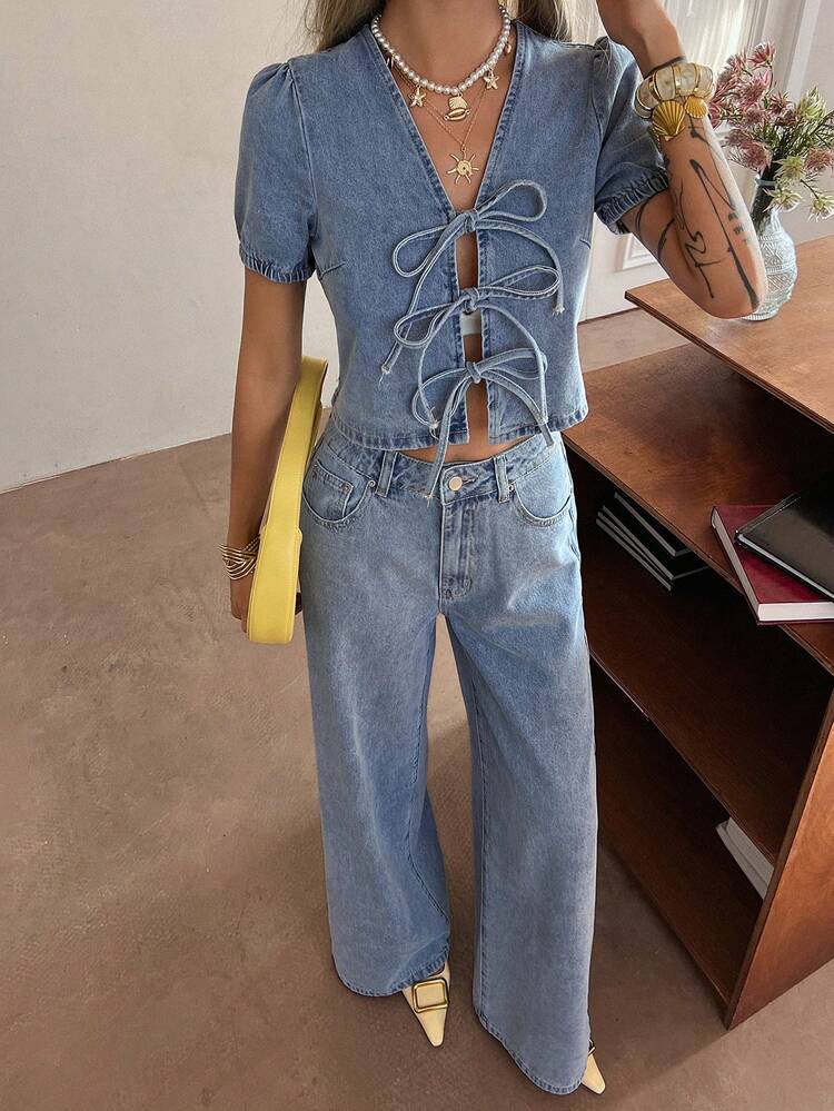 Women's Bow Tie Loose Fit Washed Denim Suit, Vacation Style