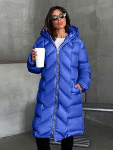 EURMUSE Women Solid Color Zipper And Pocket Detailed Long Winter Coats - Blue - View 8