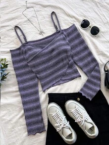 Soleia 女士V领渐变色交叉露肩短款上衣，扭结下摆针织短款上衣 - 紫色 - 查看 1