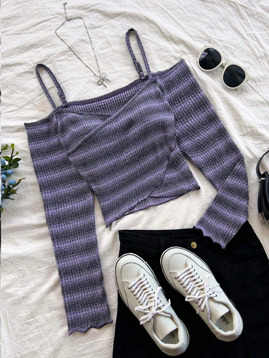 Soleia 女士V领渐变色交叉露肩短款上衣，扭结下摆针织短款上衣 - 紫色 - 查看 1