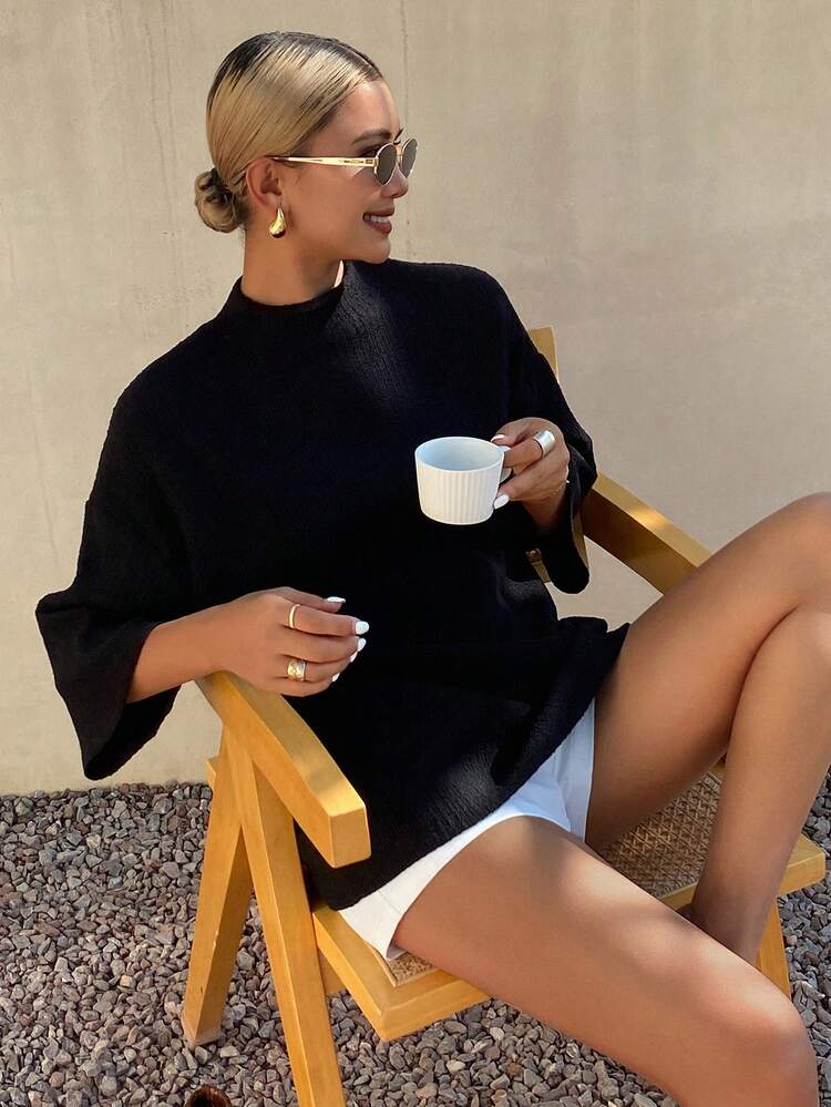 Women's Black Short Sleeve Casual Business Solid Color Minimalist T-Shirt, Suitable For Summer & Spring Oversized