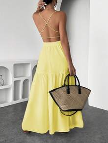INAWLY Women's Vacation Sexy Solid Color Backless Spaghetti Strap Dress - Yellow - View 6