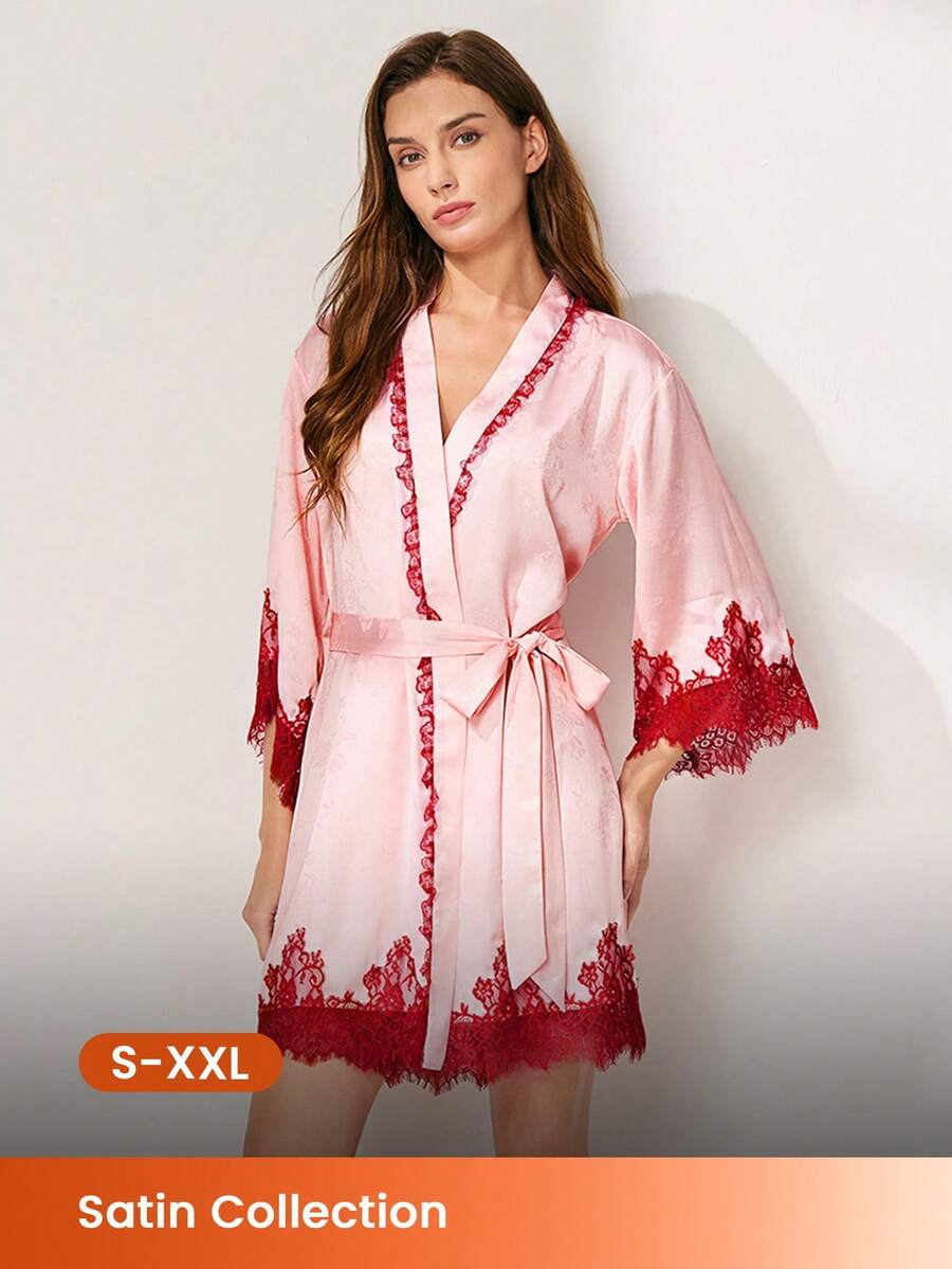 LUVLETTE 新娘奢华粉色缎面和服睡袍 - 优雅系腰睡裙，饰以红色蕾丝细节，新娘休闲服 - 粉色 - 查看 1