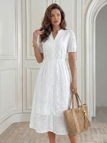 Miaspire 女士 V 领白色蕾丝长袖连衣裙 - 白色 - 查看 1