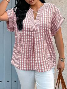 SHEIN LUNE 大码女式春夏休闲格子拼接衬衫 - 彩色 - 查看 3