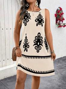 SHEIN Clasi Plus Size Women Casual Slimming Print Sleeveless Dress - Apricot - View 6