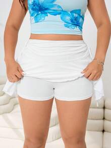 Solflare Plus Size Summer Holiday Beach Boho Blue And White Floral Adjustable Strap Camisole Top&White Built-In Shorts Skirt Set,Stretchy Knit Everyday Outfit - Multicolor - View 11
