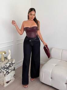 Maria Perezxox Jeans de ajuste holgado con cintura asimétrica para mujer - Azul lavado oscuro - Ver 3
