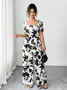 Elenzga 时尚休闲度假法式复古优雅通勤收腰印花连体裤 - 黑與白 - 查看 6