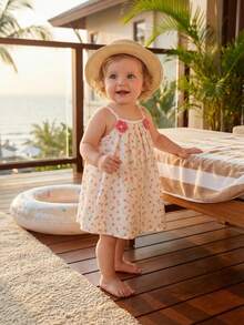 SHEIN 1件/女童春夏白色度假外出印花连衣裙，胸前饰有3D立体花朵装饰，A字裙 - 白色 - 查看 3