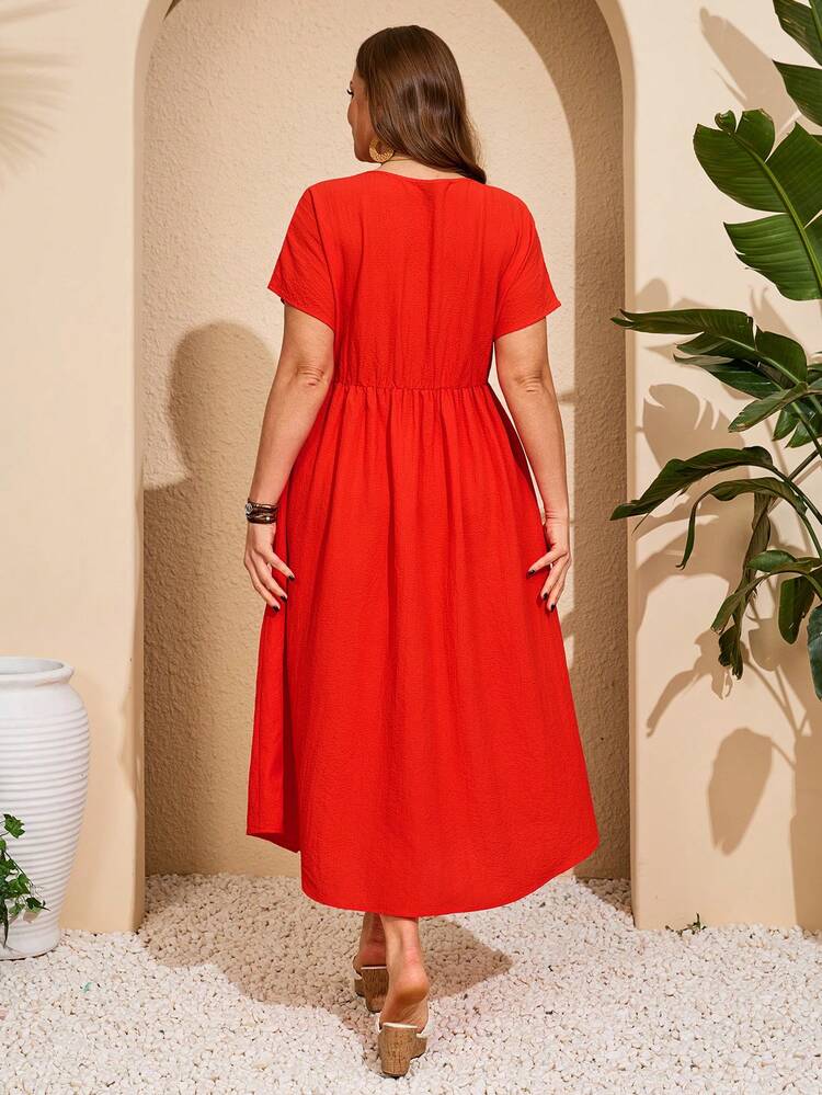 Women's Plus Size Casual Red V Neck Short Sleeve Button Front Midi Dress Short Sleeve Summer Button Up Beach Wear Summer Outfit For Plus Size Women Festival Outfits For Plus Size Women Beach Outfits For Plus Size Women Vacation Outfits Plus Size Women Country Concert Outfit Boho Outfit