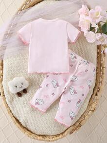 2pcs Newborn Baby Girls Short Sleeve Top And Long Pants Pajama Set, Knitted Fabric With Digital Printing, Cute Cloud Pattern, Pink Tone - Pink - View 2