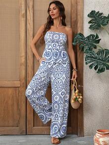 SHEIN LUNE 女士度假植物图案荷叶边抹胸上衣和阔腿裤两件套，夏季女装，海滩度假装，外出装，夏季假日装，休闲套装，女士两件套，七分裤套装，女士两件套，夏季波西米亚风两件套，蓝白连衣裙 - 彩色 - 查看 8